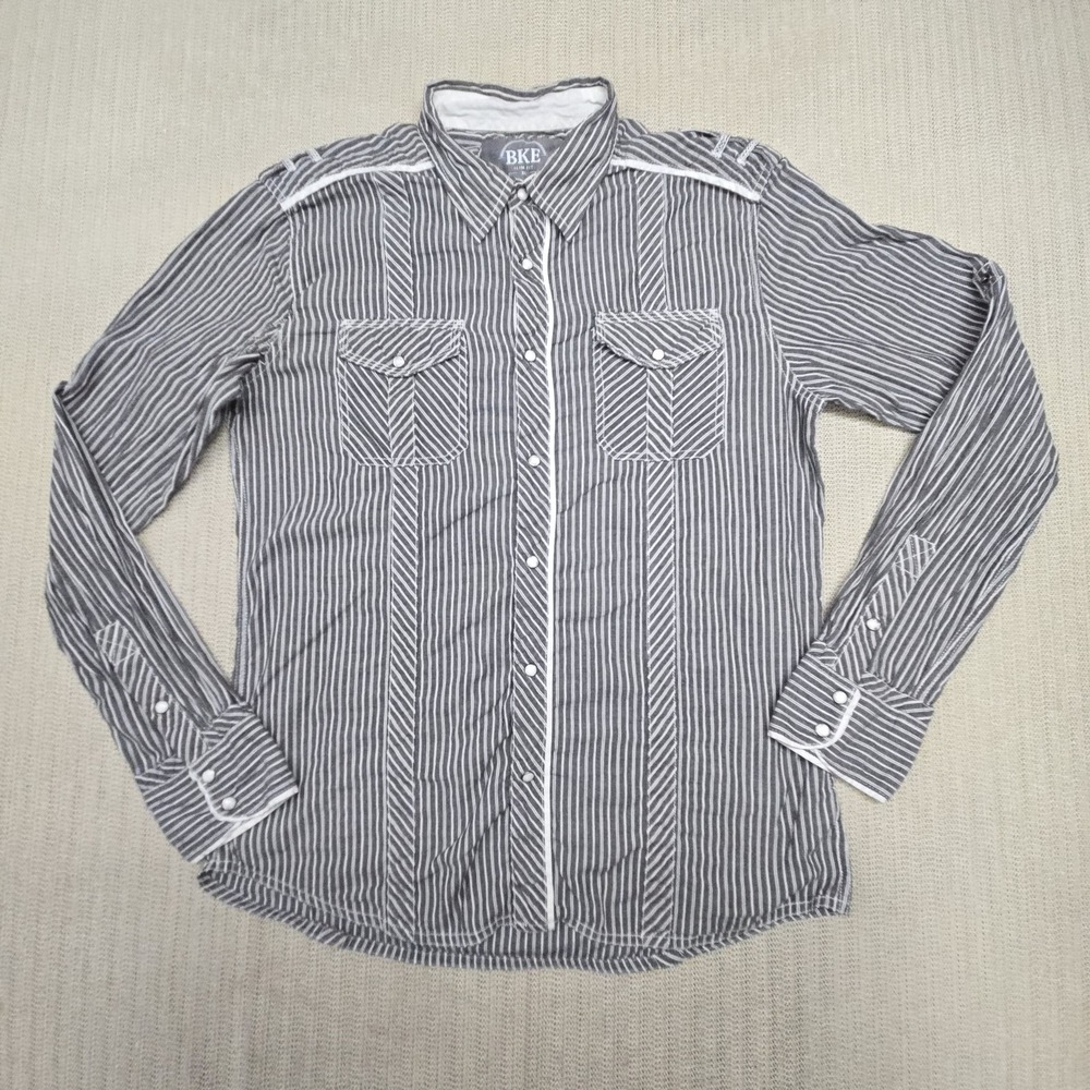 BKE Shirt Mens XL Gray Striped Slim Fit Western Snap Long Sleeve Button-Up